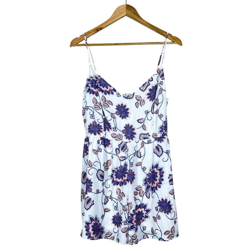 Peach Love California Floral Vine Romper White Blue Boho Spaghetti Strap Size M